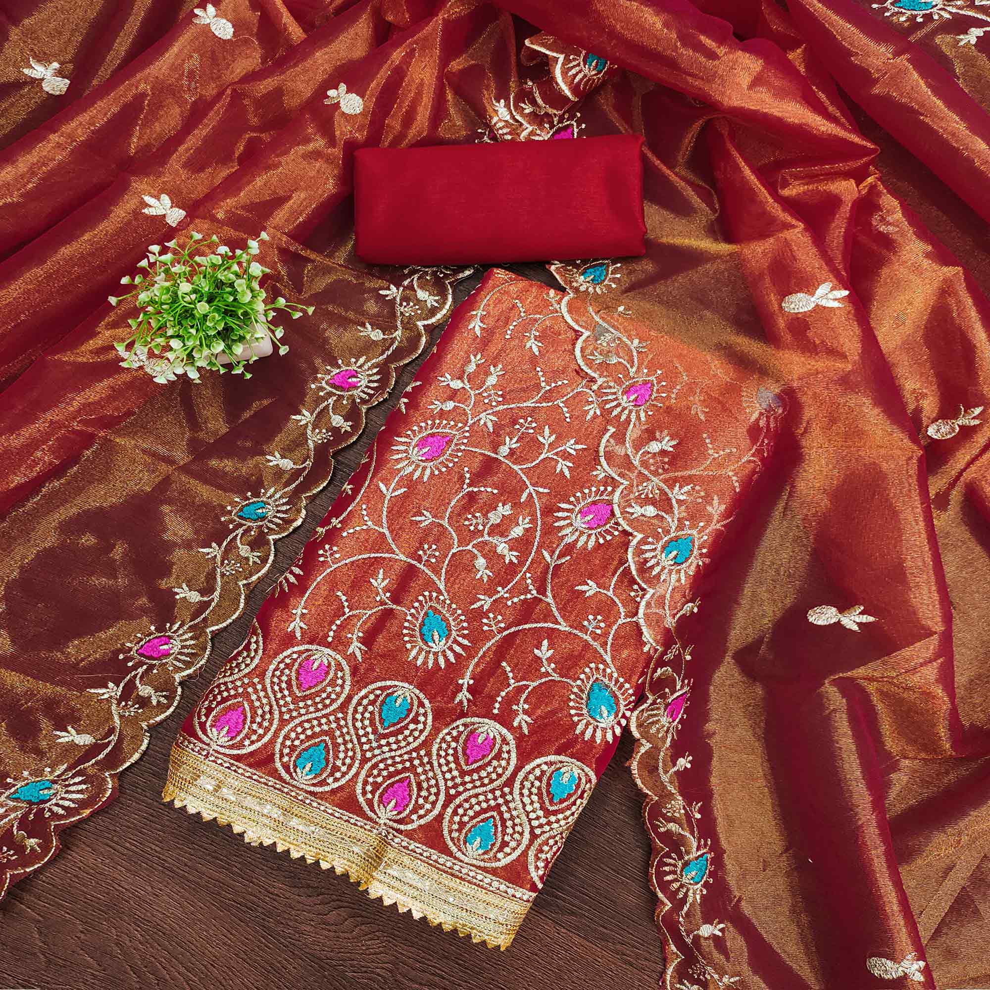Elegant Rust Organza Dress Material with Exquisite Floral Thread & Zar Elegant Rust Organza Dress Material with Exquisite Floral Thread & Zar