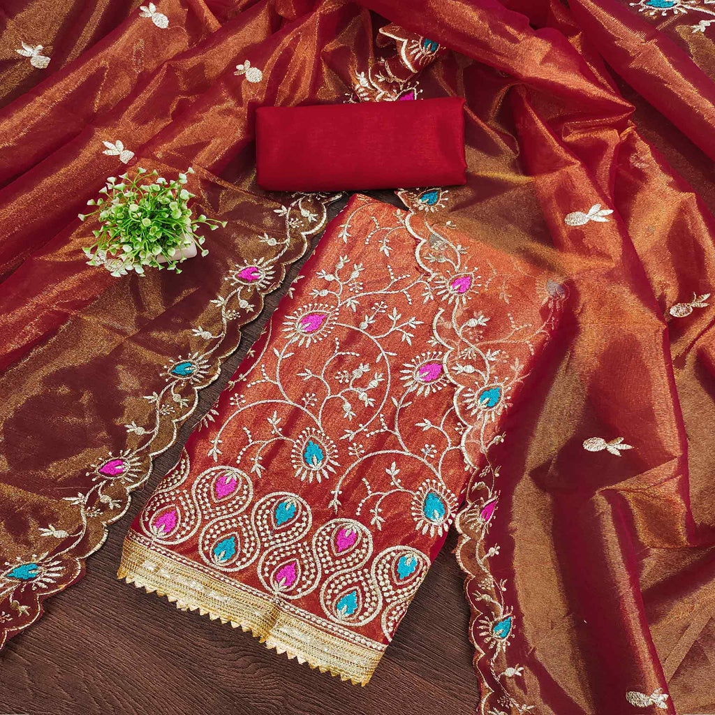 Elegant Rust Organza Dress Material with Exquisite Floral Thread & Zar