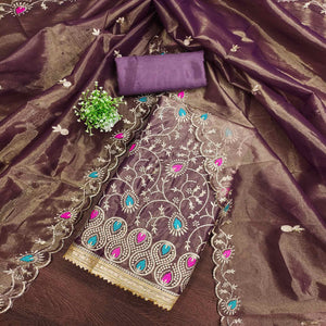 Charming Wine Organza Dress Material with Exquisite Floral Thread & Zari Embroidery