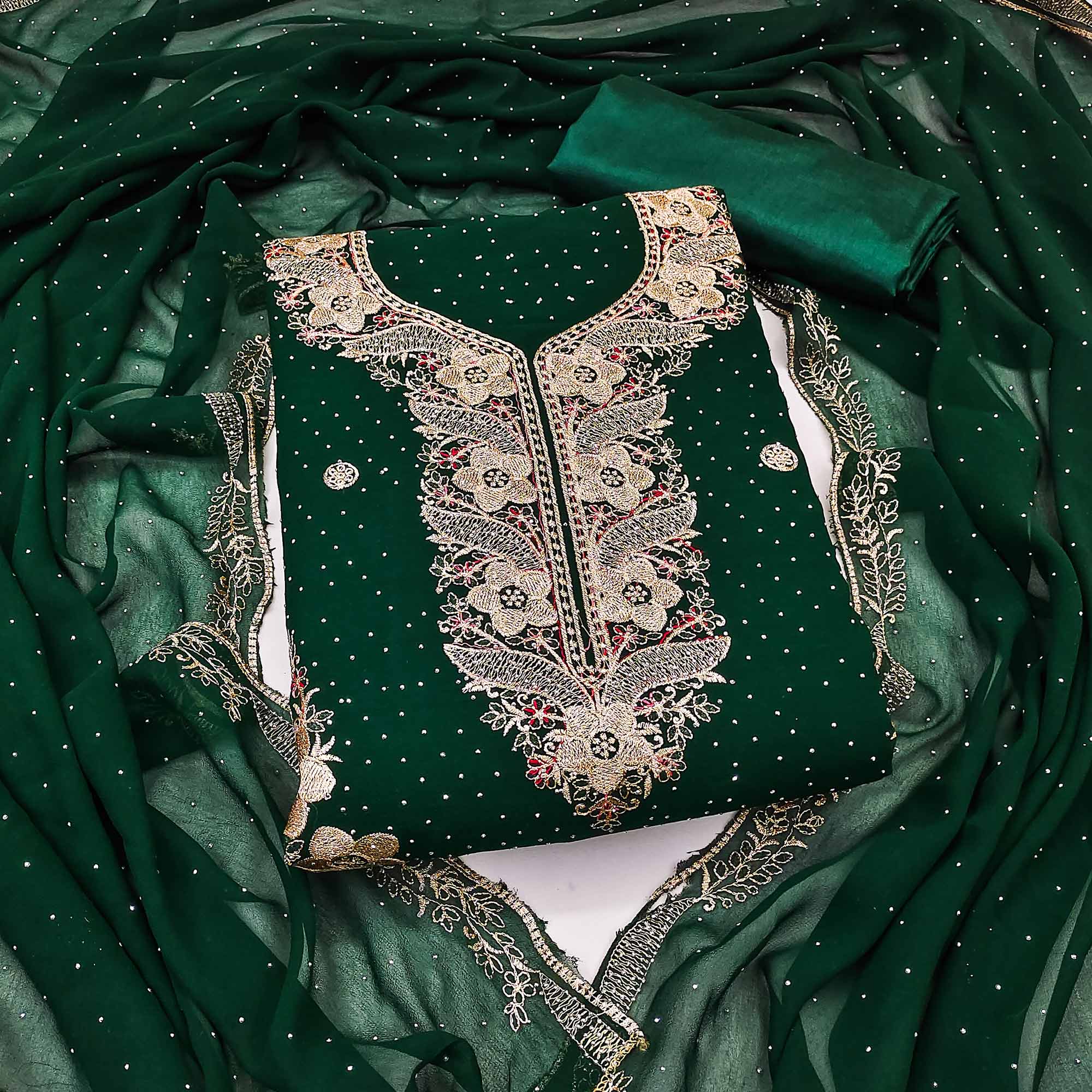 Green Georgette Dress Material With Luxurious Floral Zari Embroidery & Stonework