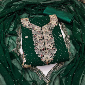 Green Georgette Dress Material With Luxurious Floral Zari Embroidery & Stonework