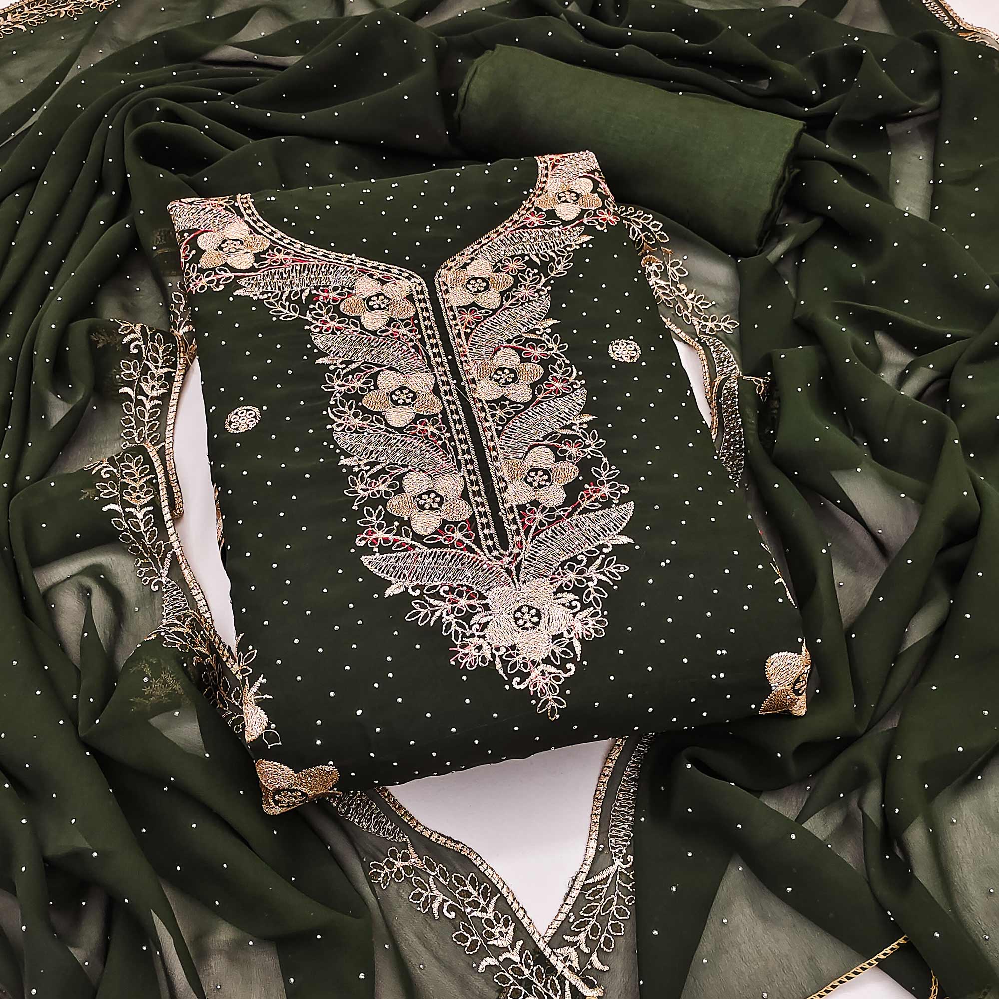 Mehendi Green Georgette Dress Material With Luxurious Floral Zari Embroidery & Stonework