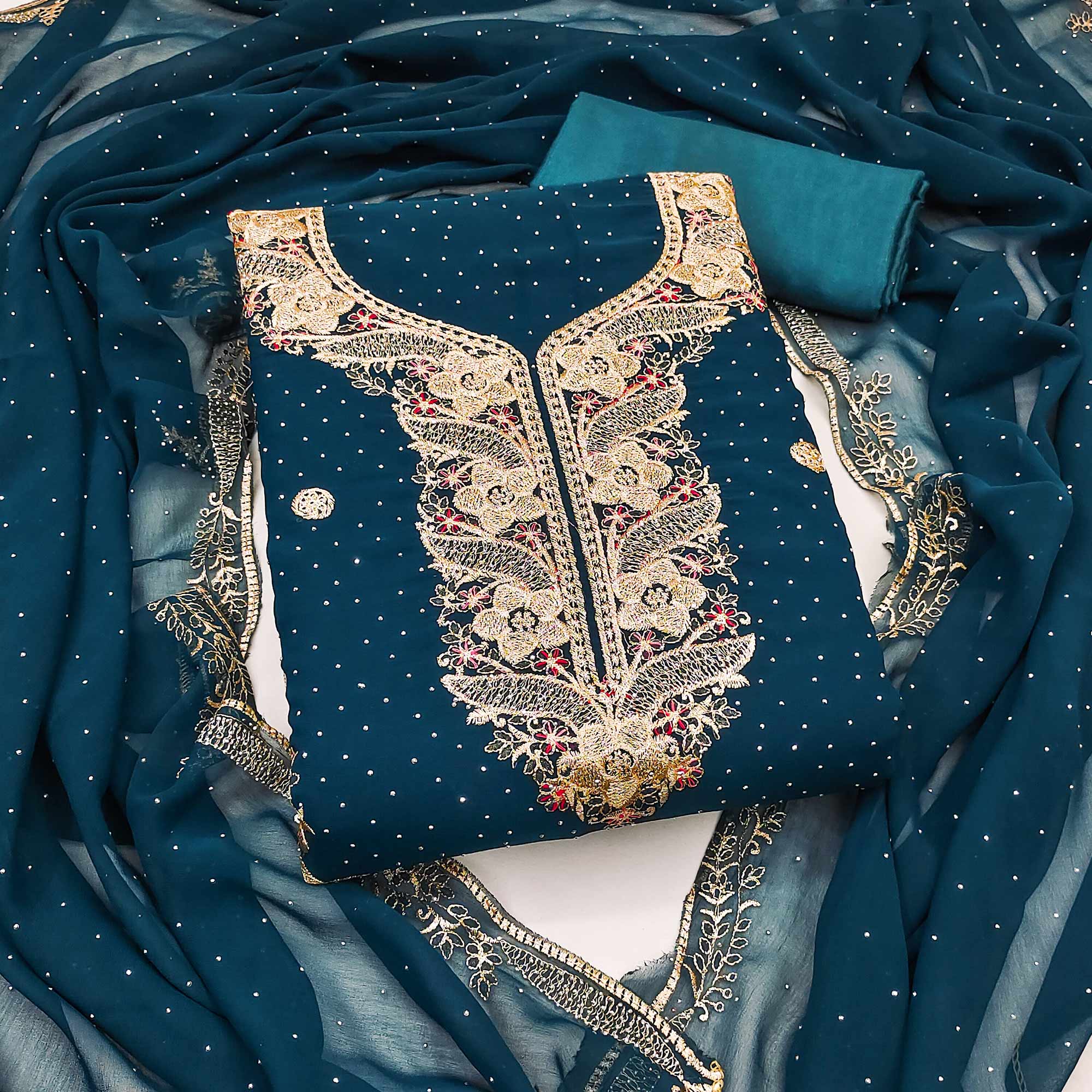 Morpich Blue Georgette Dress Material With Luxurious Floral Zari Embroidery & Stonework