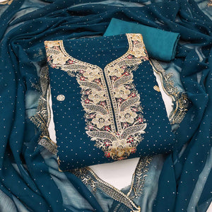 Morpich Blue Georgette Dress Material With Luxurious Floral Zari Embroidery & Stonework