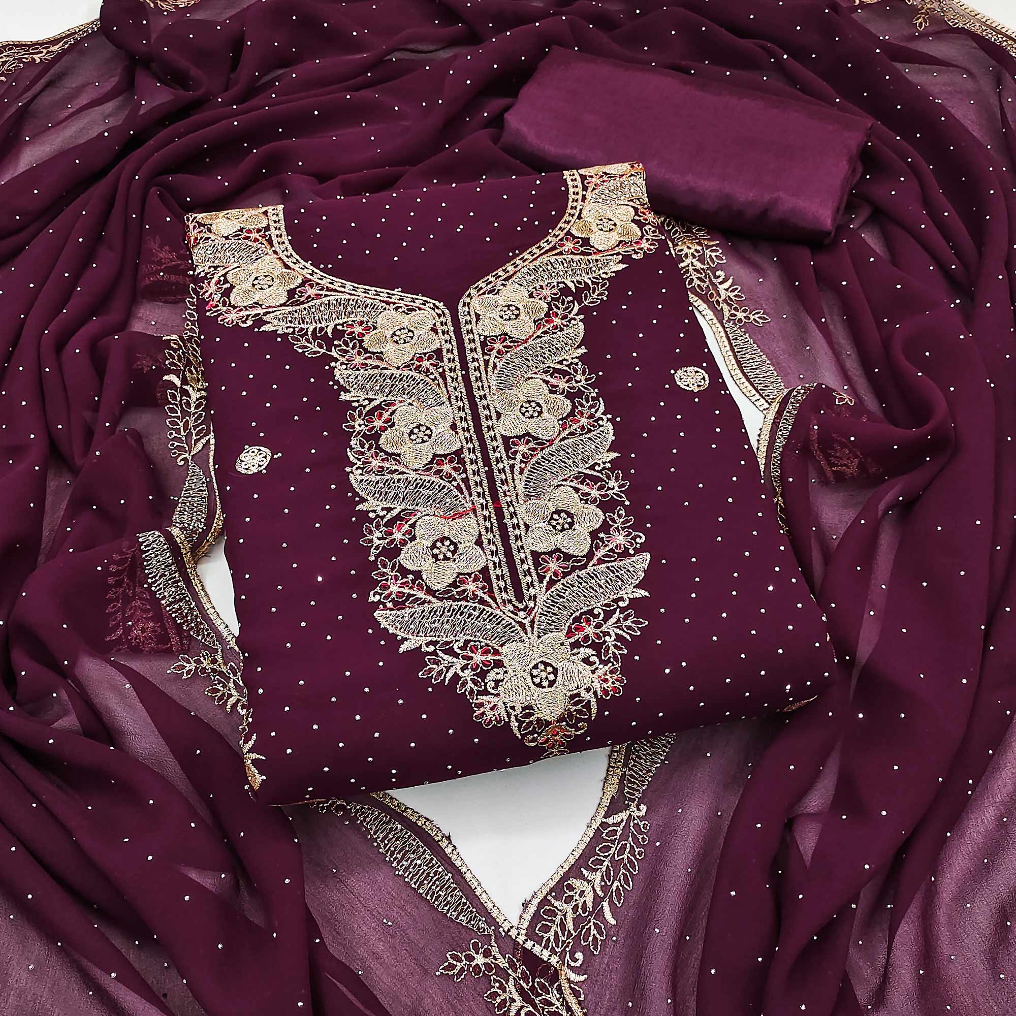 Wine Georgette Dress Material With Luxurious Floral Zari Embroidery & Stonework