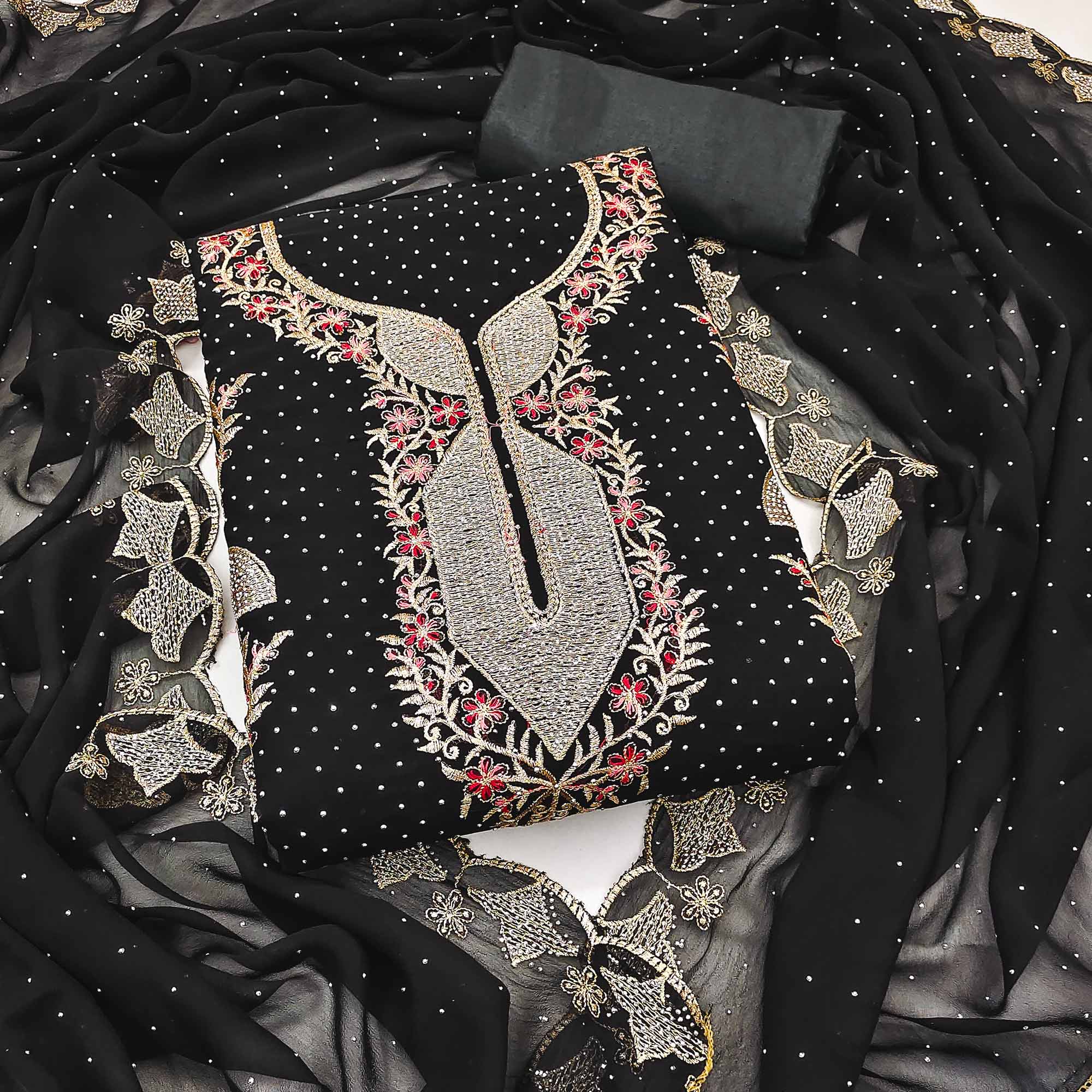 Black Georgette Dress Material With Exquisite Floral Embroidery And Stonework