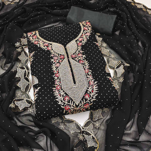 Black Georgette Dress Material With Exquisite Floral Embroidery And Stonework