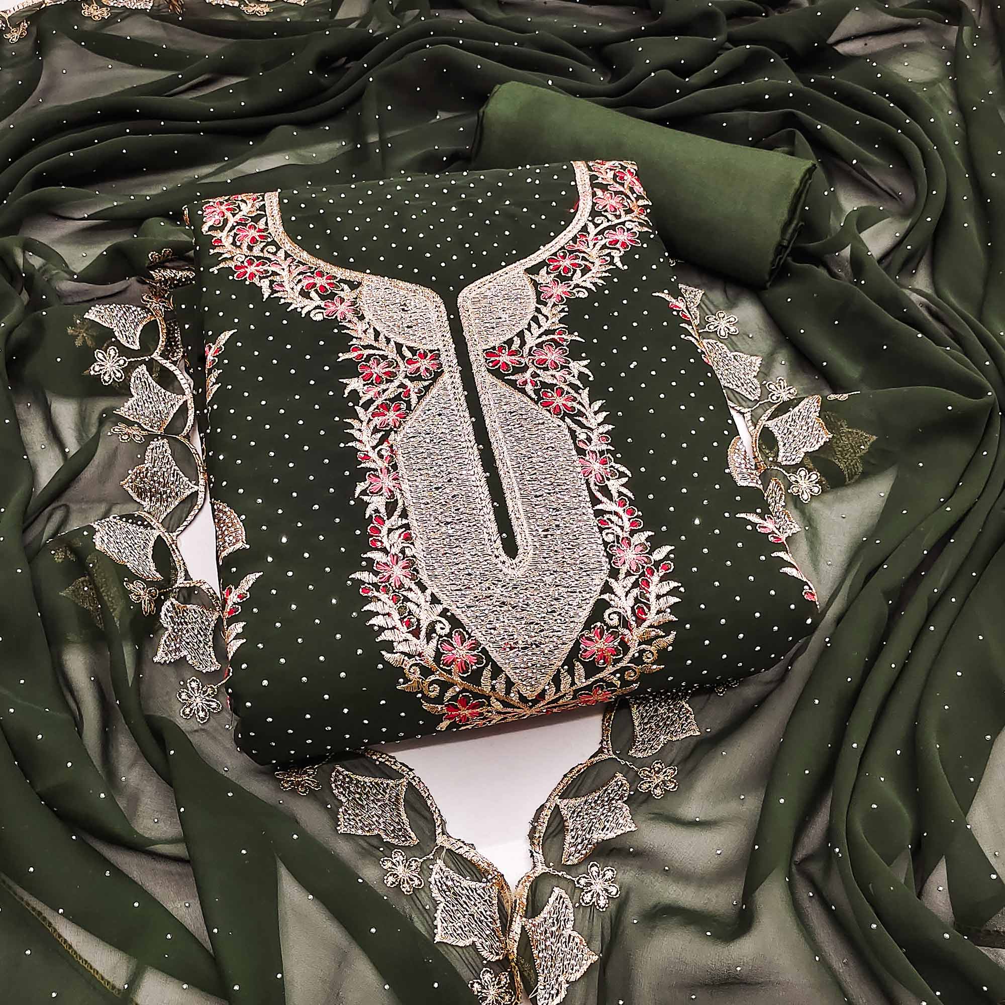 Mehendi Green Georgette Dress Material With Exquisite Floral Embroidery And Stonework