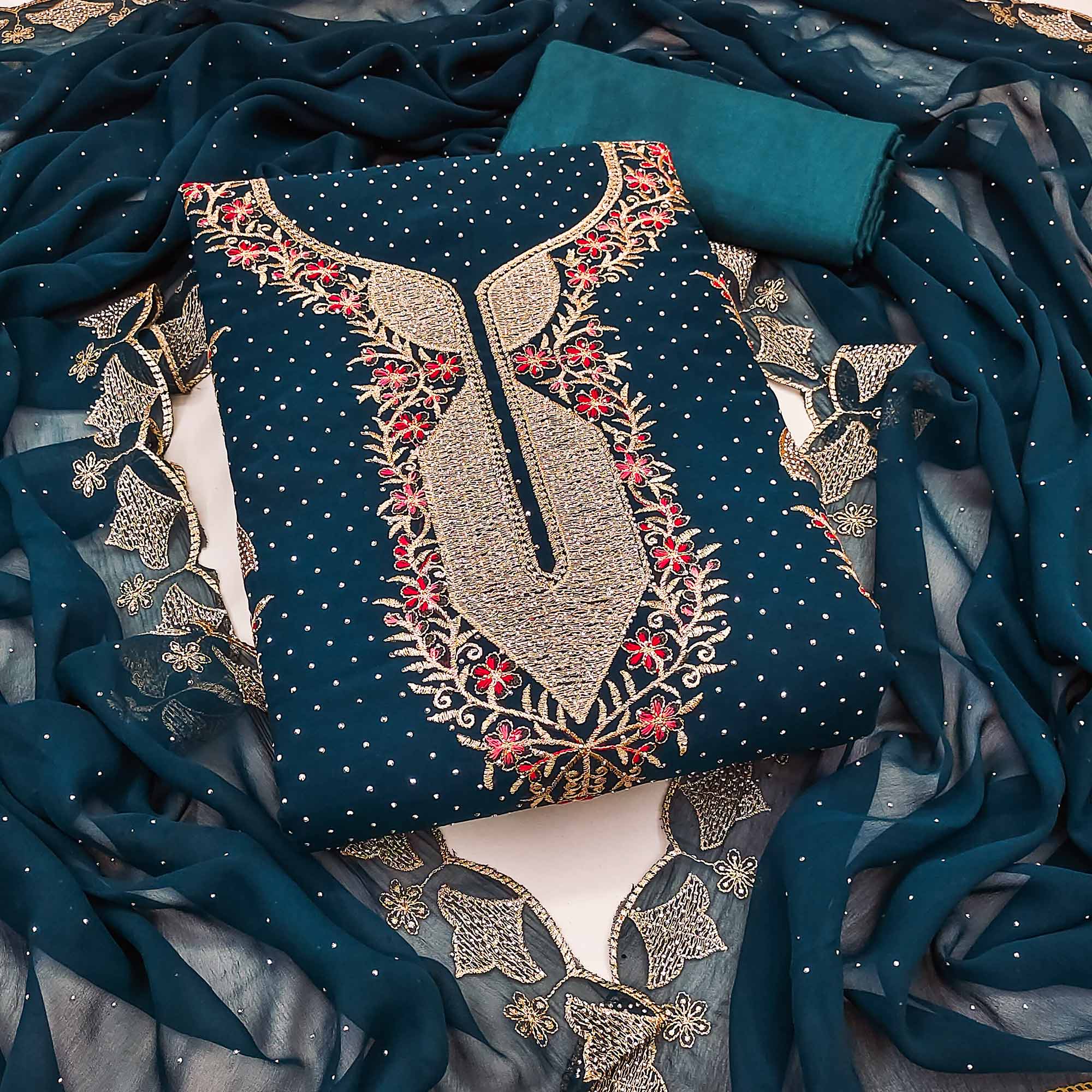 Morpich Blue Georgette Dress Material With Exquisite Floral Embroidery And Stonework