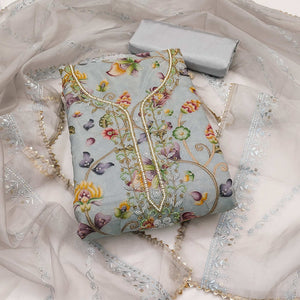 Grey Organza Dress Material With Graceful Floral Print With Handwork Detailing