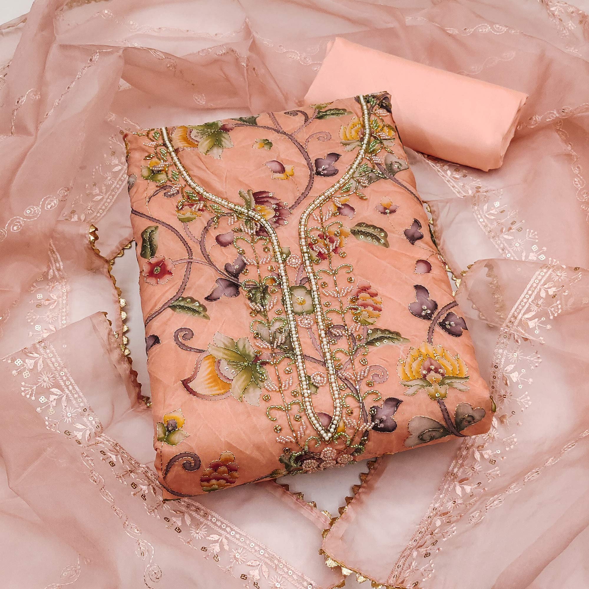 Peach Organza Dress Material With Graceful Floral Print With Handwork Detailing