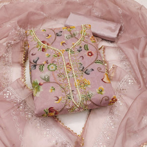 Pink Organza Dress Material With Graceful Floral Print With Handwork Detailing