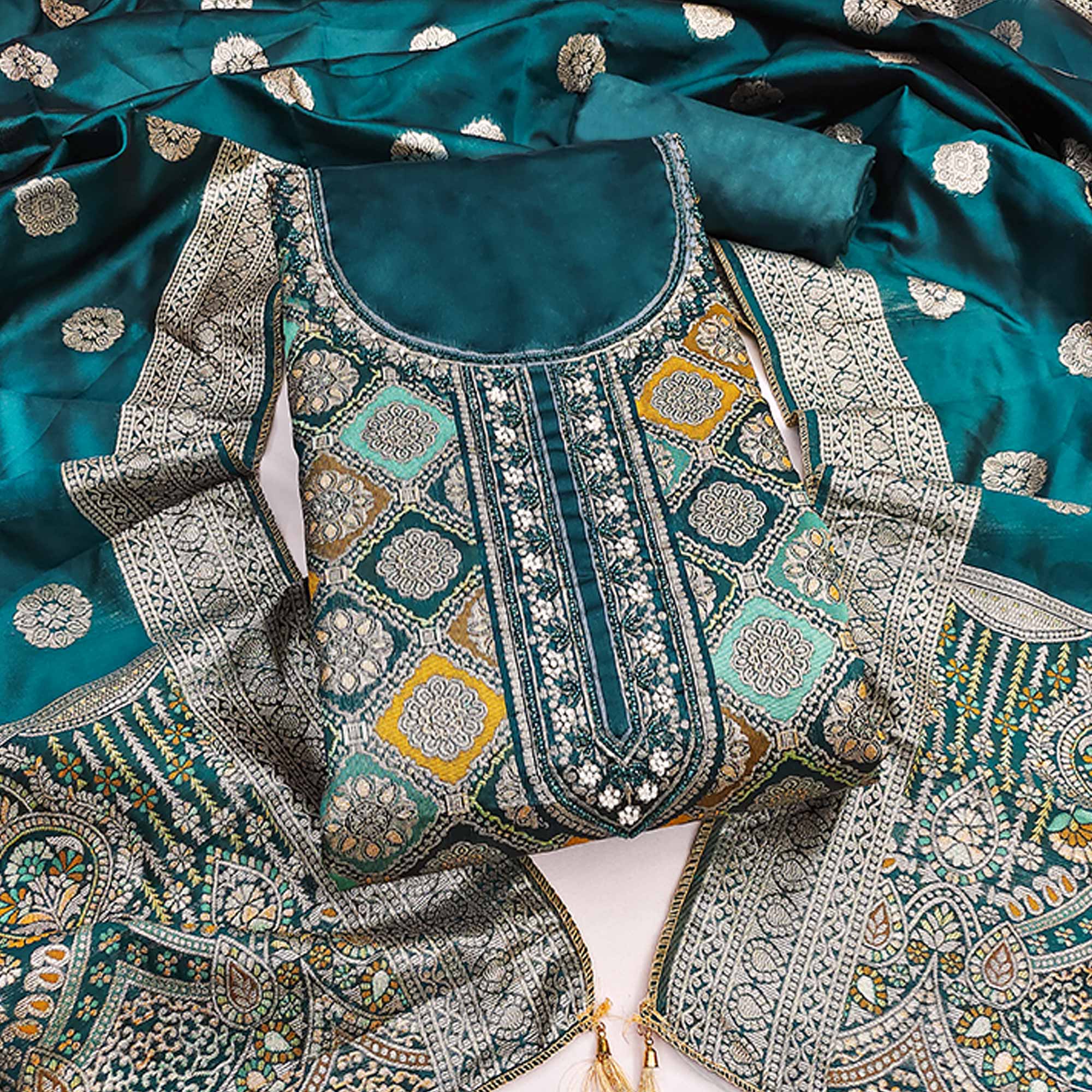 Dark Teal Unstitched Dress Material in Zari Woven Jacquard