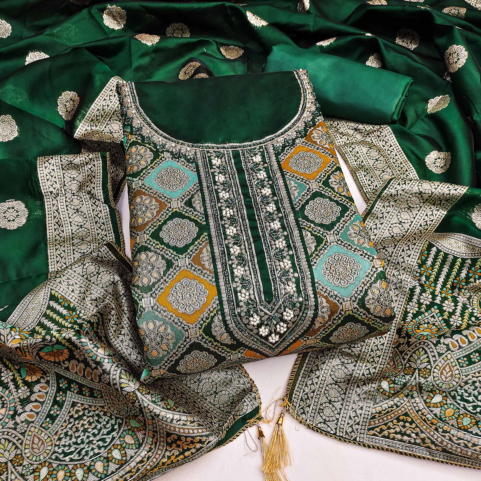 Green Unstitched Dress Material in Zari Woven Jacquard
