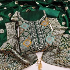 Green Unstitched Dress Material in Zari Woven Jacquard