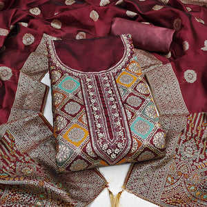 Maroon Unstitched Dress Material in Zari Woven Jacquard