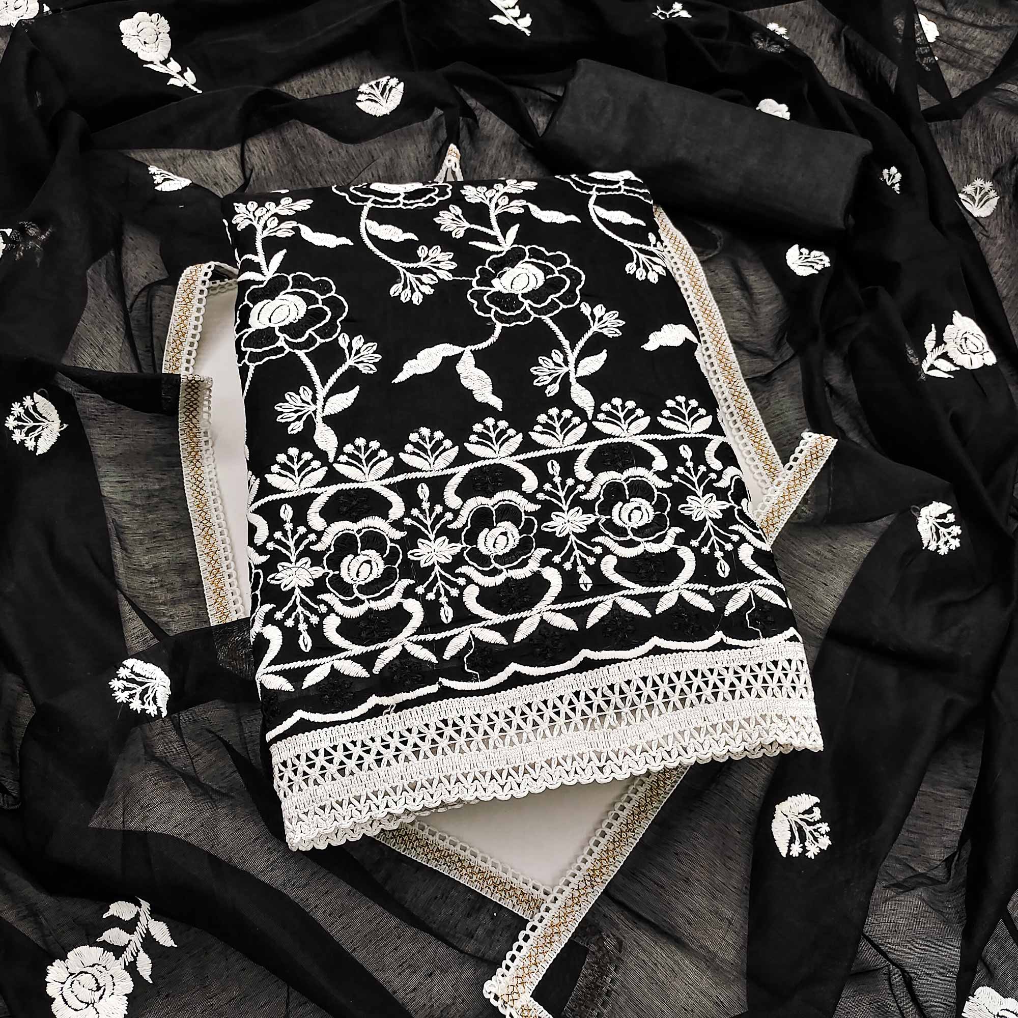 Black Embroidered Chanderi Cotton Suit Fabric with Floral Detailing