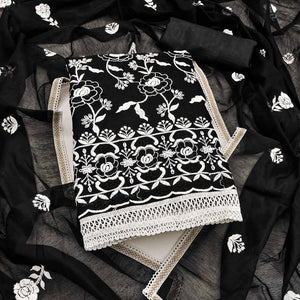Black Embroidered Chanderi Cotton Suit Fabric with Floral Detailing