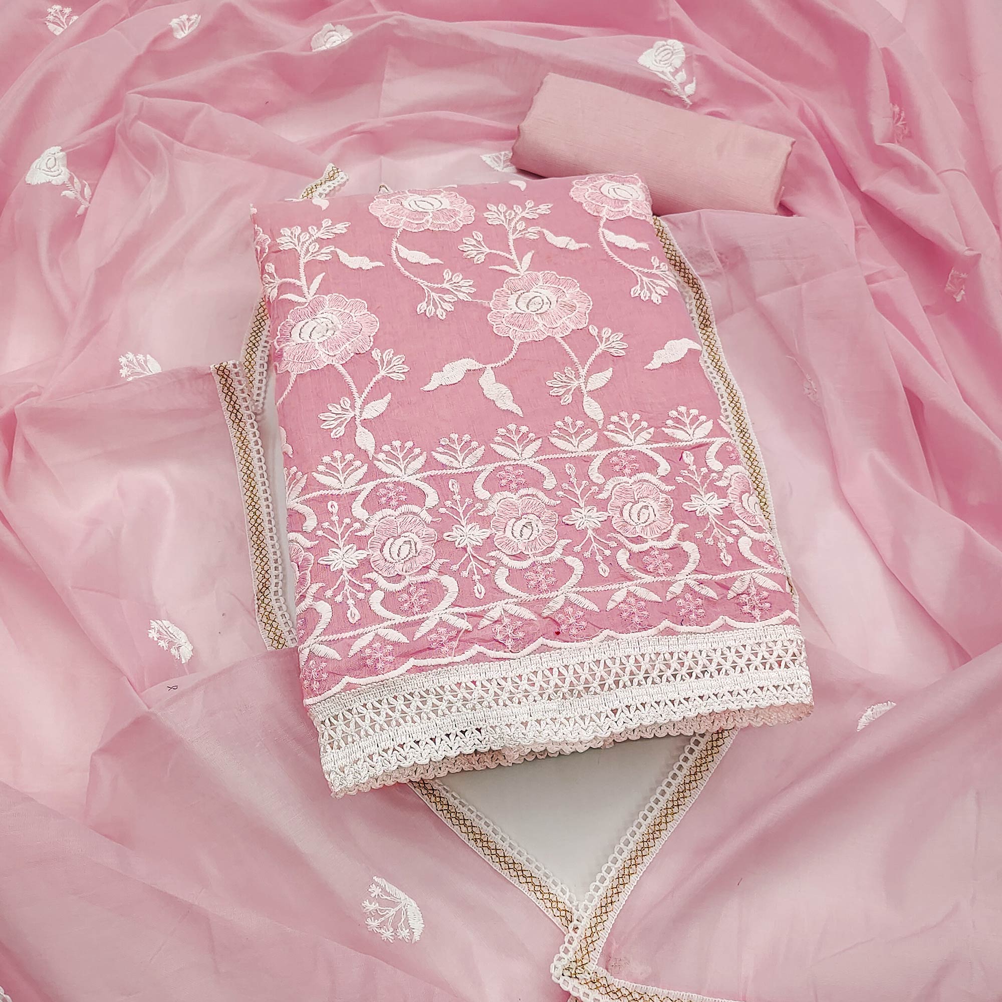 Pink Embroidered Chanderi Cotton Suit Fabric with Floral Detailing