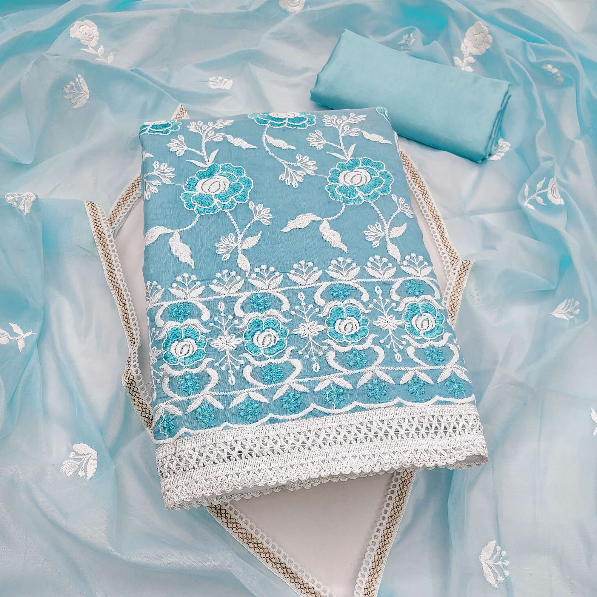 Sky Blue Embroidered Chanderi Cotton Suit Fabric with Floral Detailing