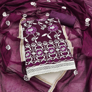 Wine Embroidered Chanderi Cotton Suit Fabric with Floral Detailing
