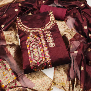 Festive Maroon Unstitched Dress Material in Zari Weaving Jacquard
