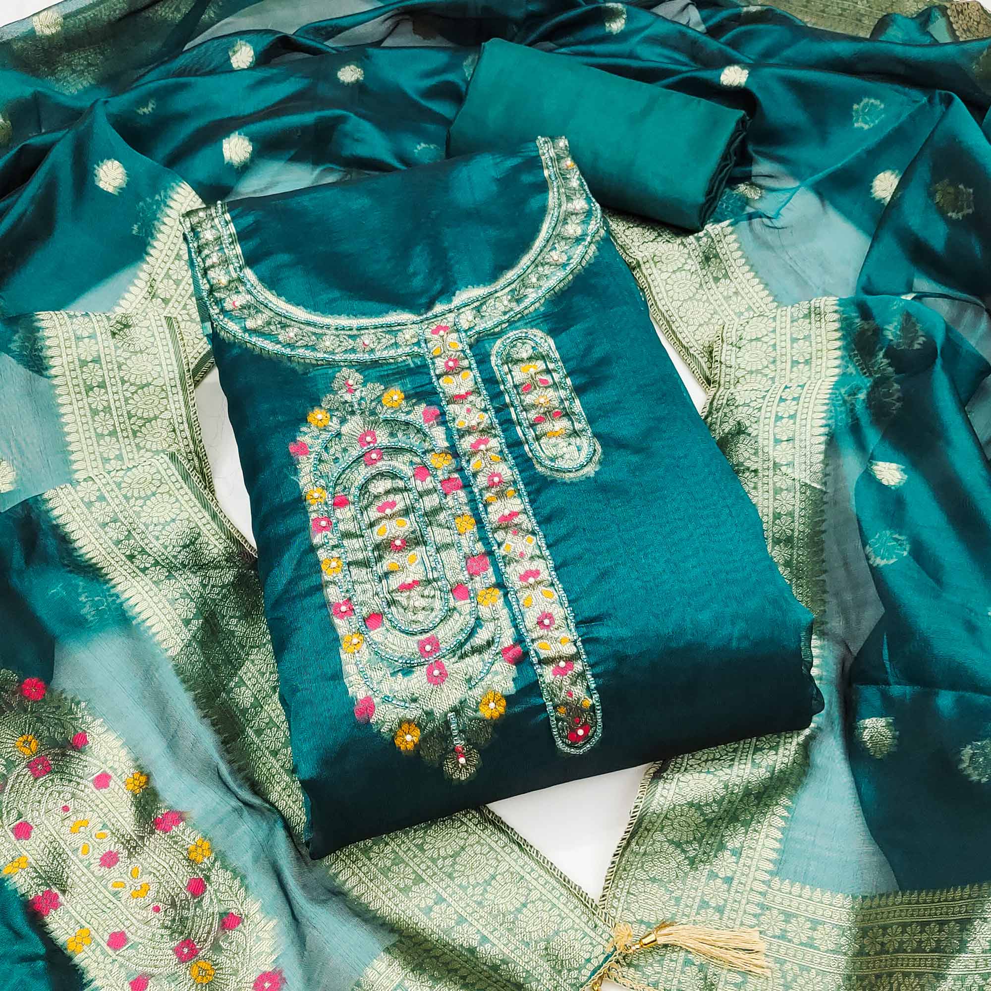 Festive Teal Unstitched Dress Material in Zari Weaving Jacquard