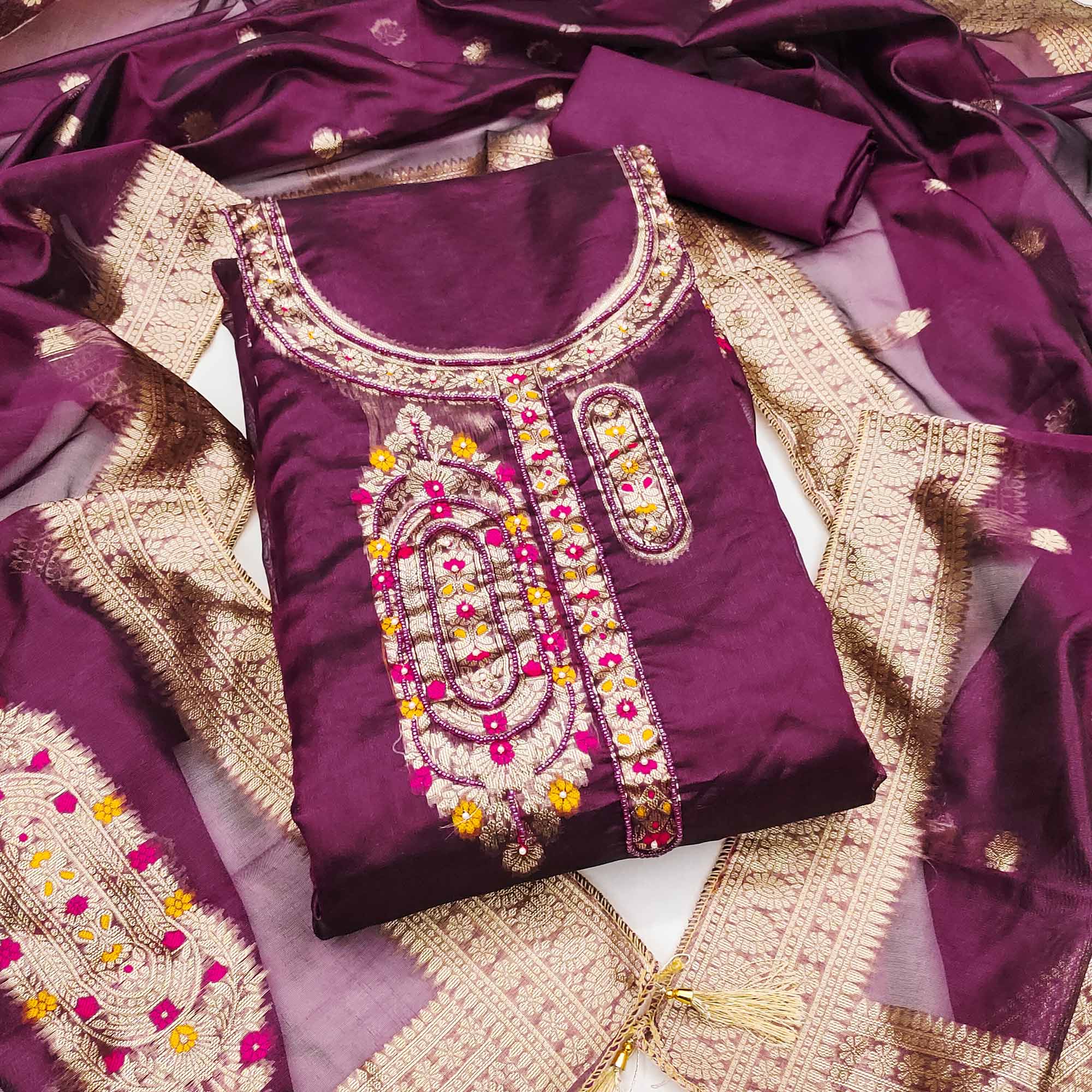 Festive Wine Unstitched Dress Material in Zari Weaving Jacquard