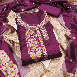 Festive Wine Unstitched Dress Material in Zari Weaving Jacquard