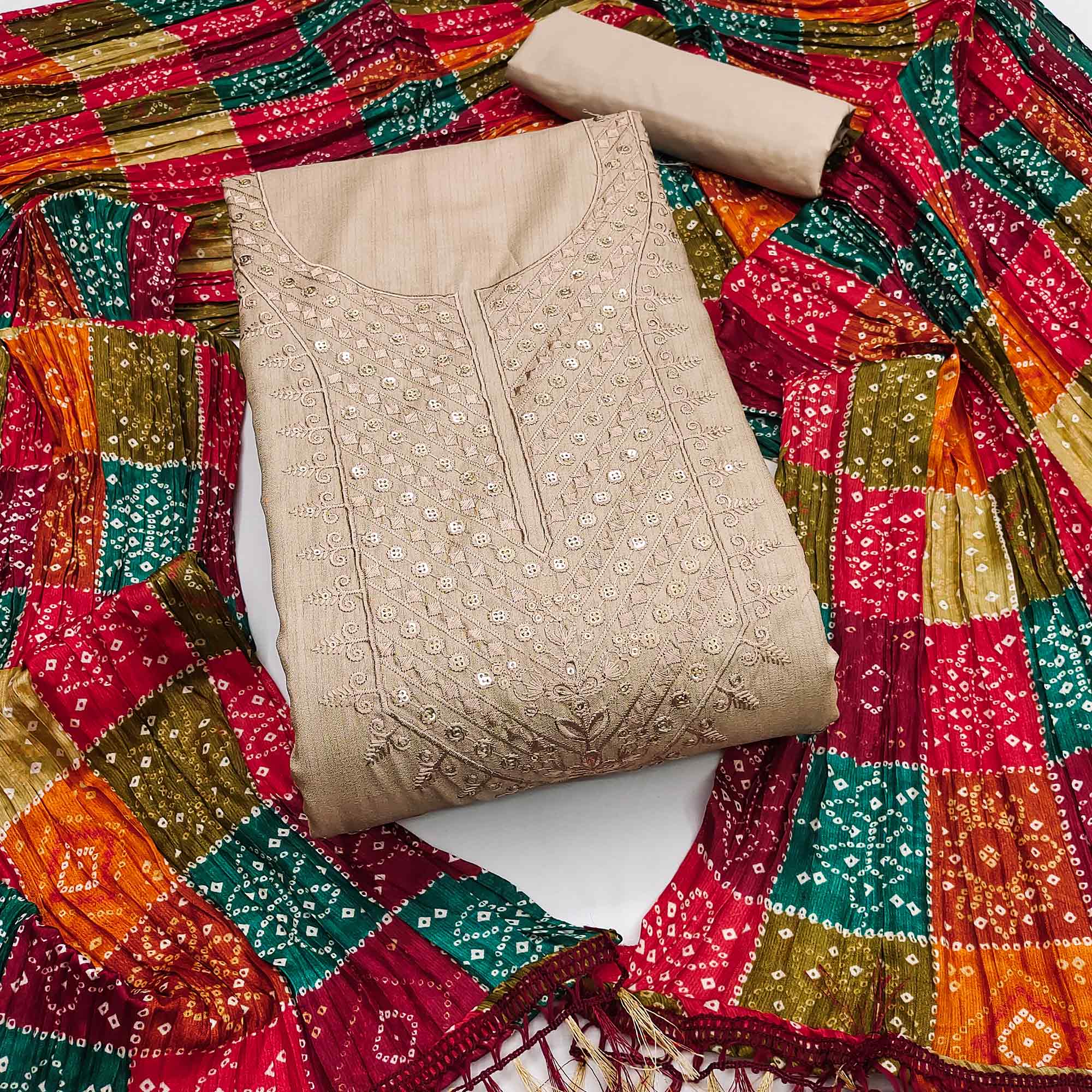 Beige Cotton Blend Suit Material with Soft Floral Embroidery