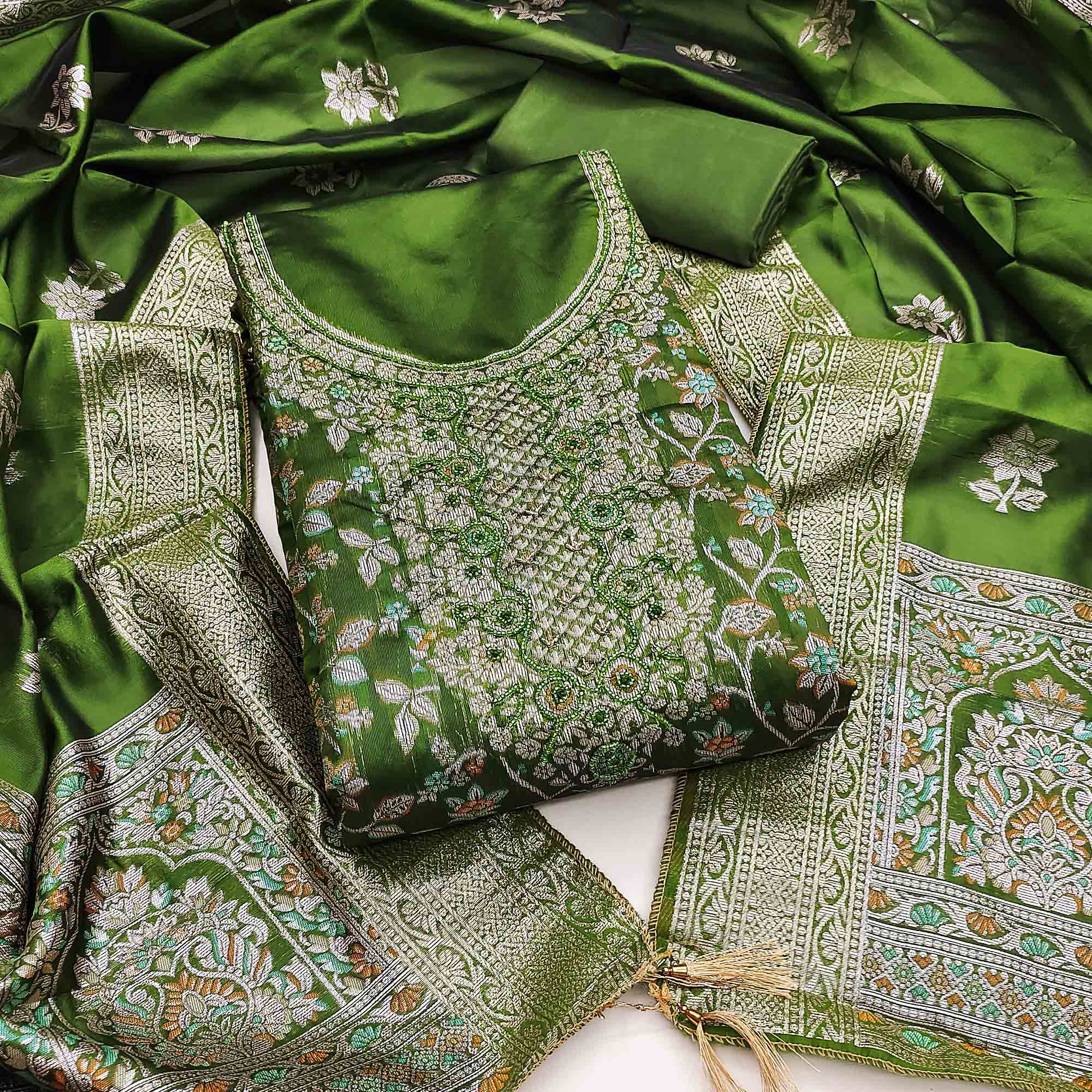 Unstitched Green Jacquard Dress Set with Traditional Zari Weaving