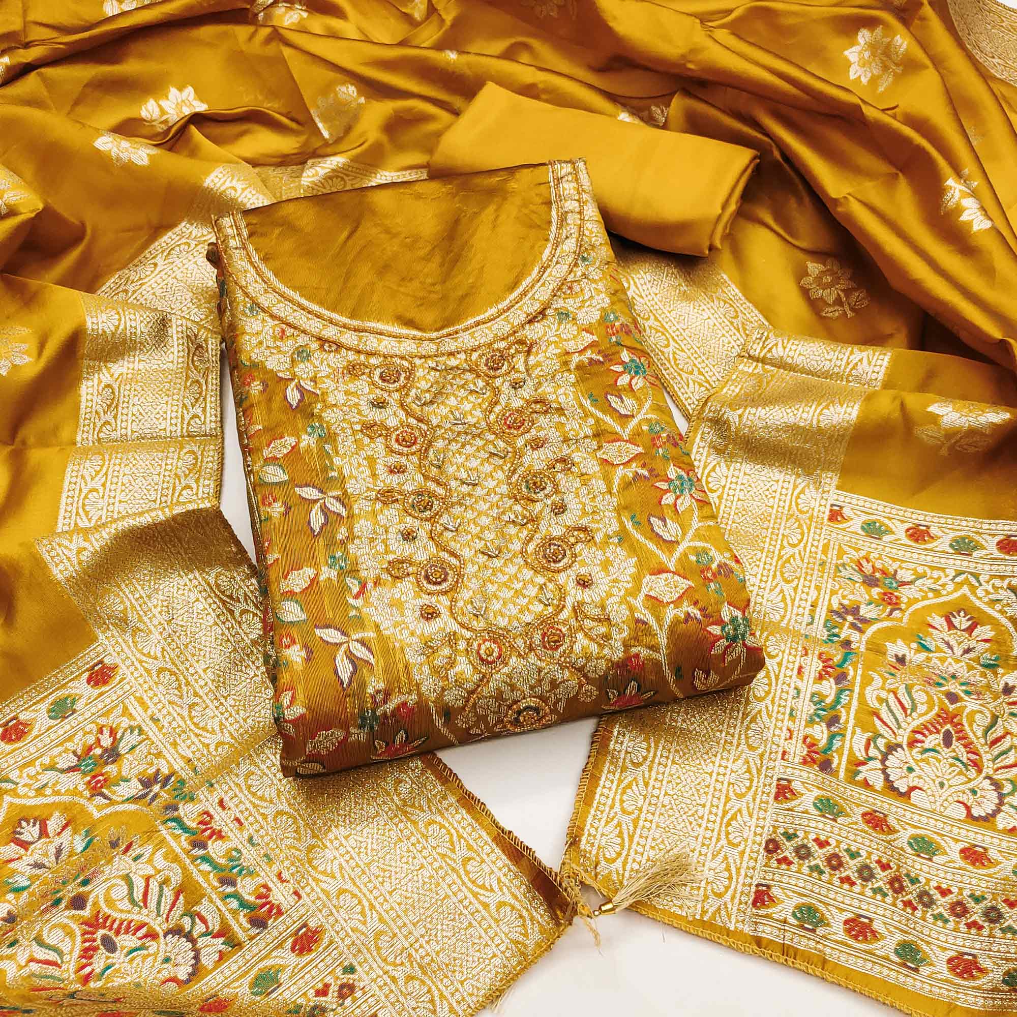 Unstitched Mustard Jacquard Dress Set with Traditional Zari Weaving