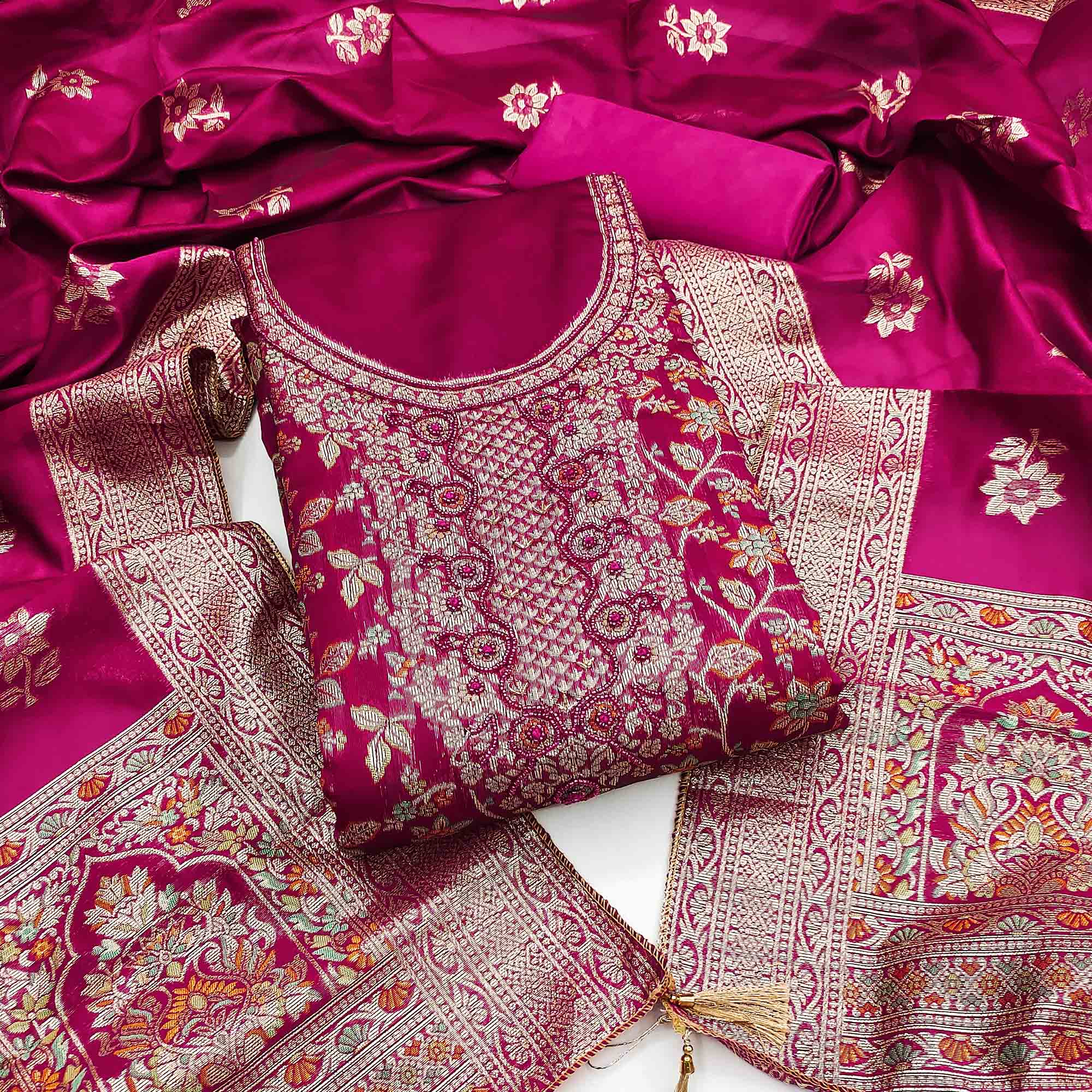 Unstitched Pink Jacquard Dress Set with Traditional Zari Weaving