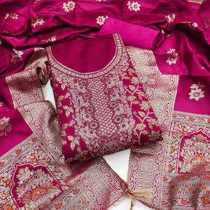 Unstitched Pink Jacquard Dress Set with Traditional Zari Weaving