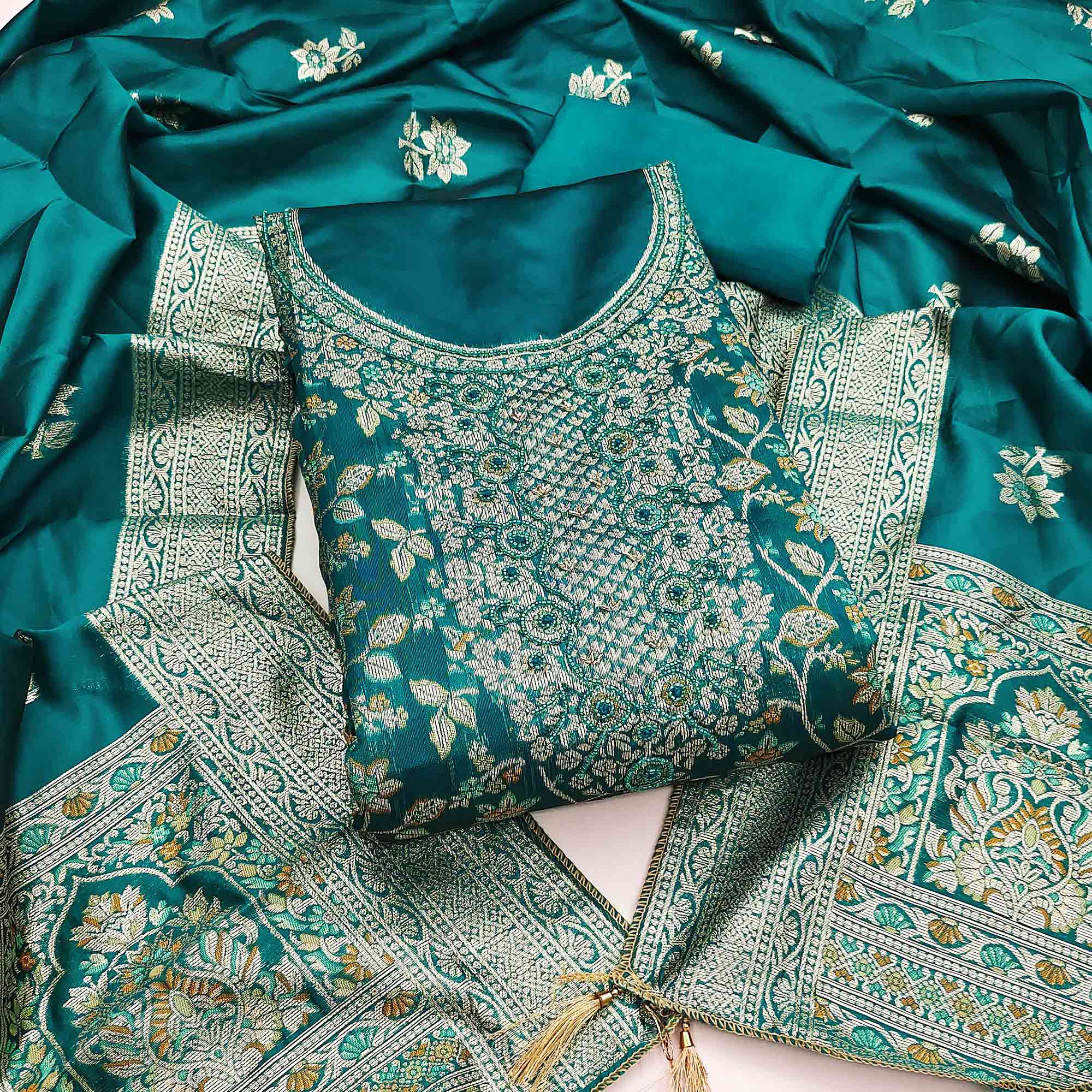 Unstitched Teal Jacquard Dress Set with Traditional Zari Weaving