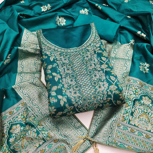 Unstitched Teal Jacquard Dress Set with Traditional Zari Weaving