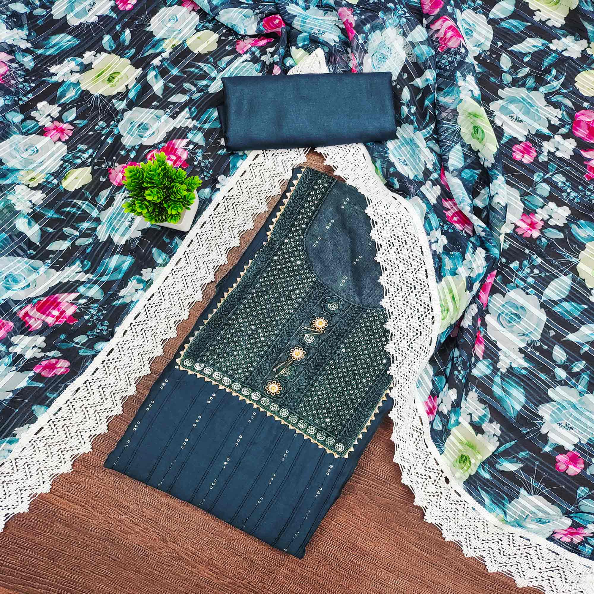 Dark Teal Cotton Blend Suit Material Enhanced with Sequins Embroidery