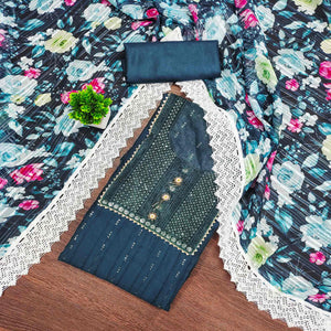 Dark Teal Cotton Blend Suit Material Enhanced with Sequins Embroidery