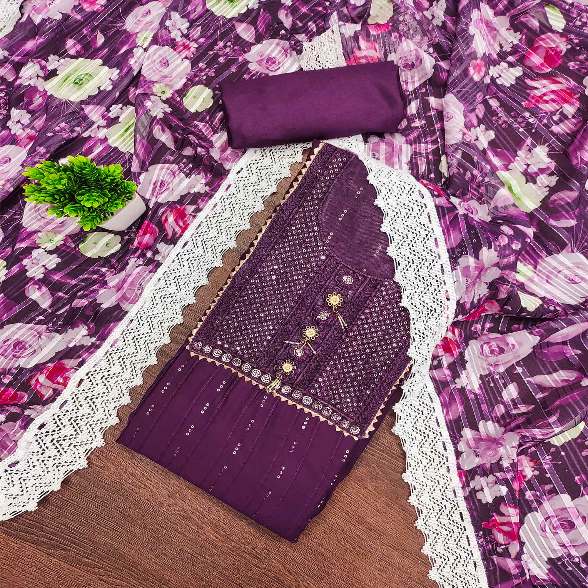 Deep Purple Cotton Blend Suit Material Enhanced with Sequins Embroidery