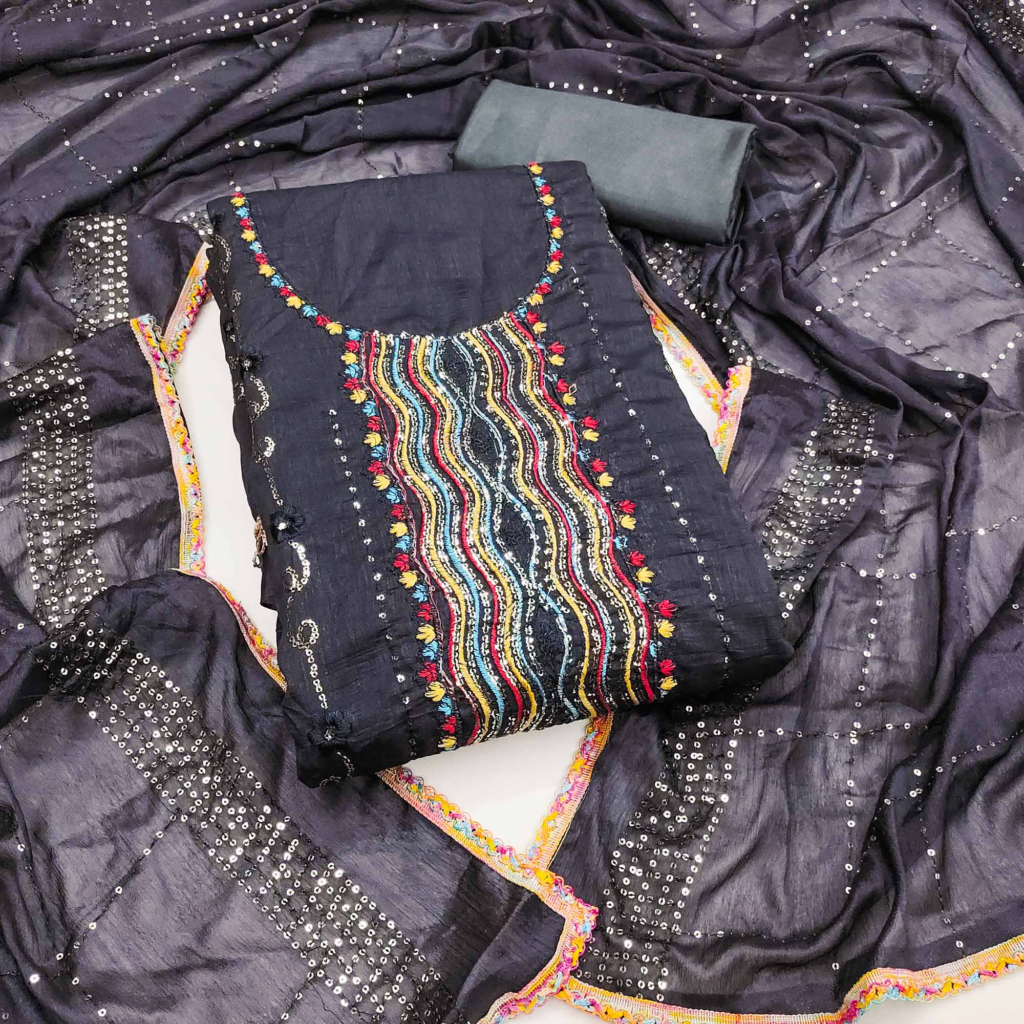Festive Dark Grey Dress Material in Vichitra Silk with Sequin Highlights