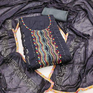 Festive Dark Grey Dress Material in Vichitra Silk with Sequin Highlights