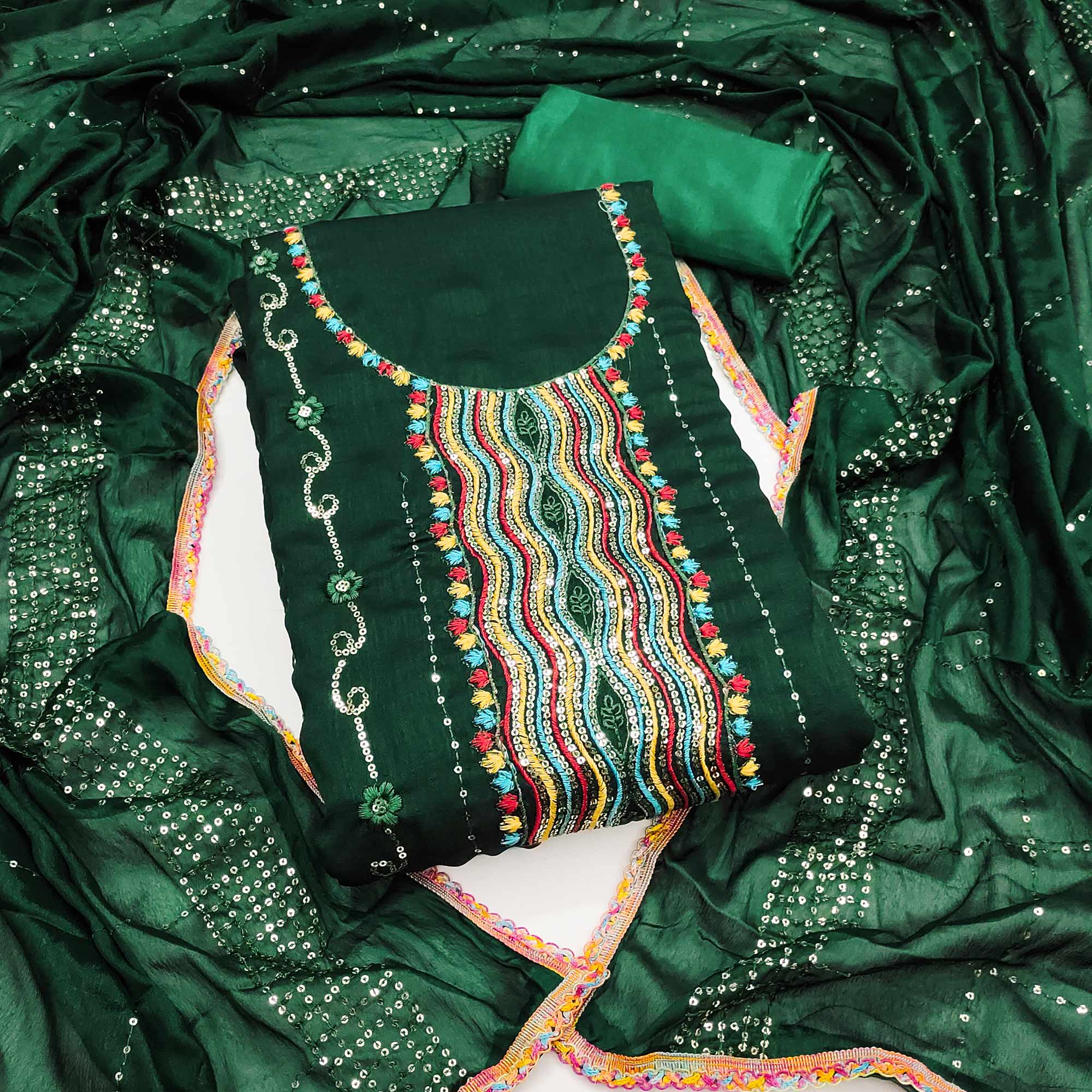 Festive Green Dress Material in Vichitra Silk with Sequin Highlights