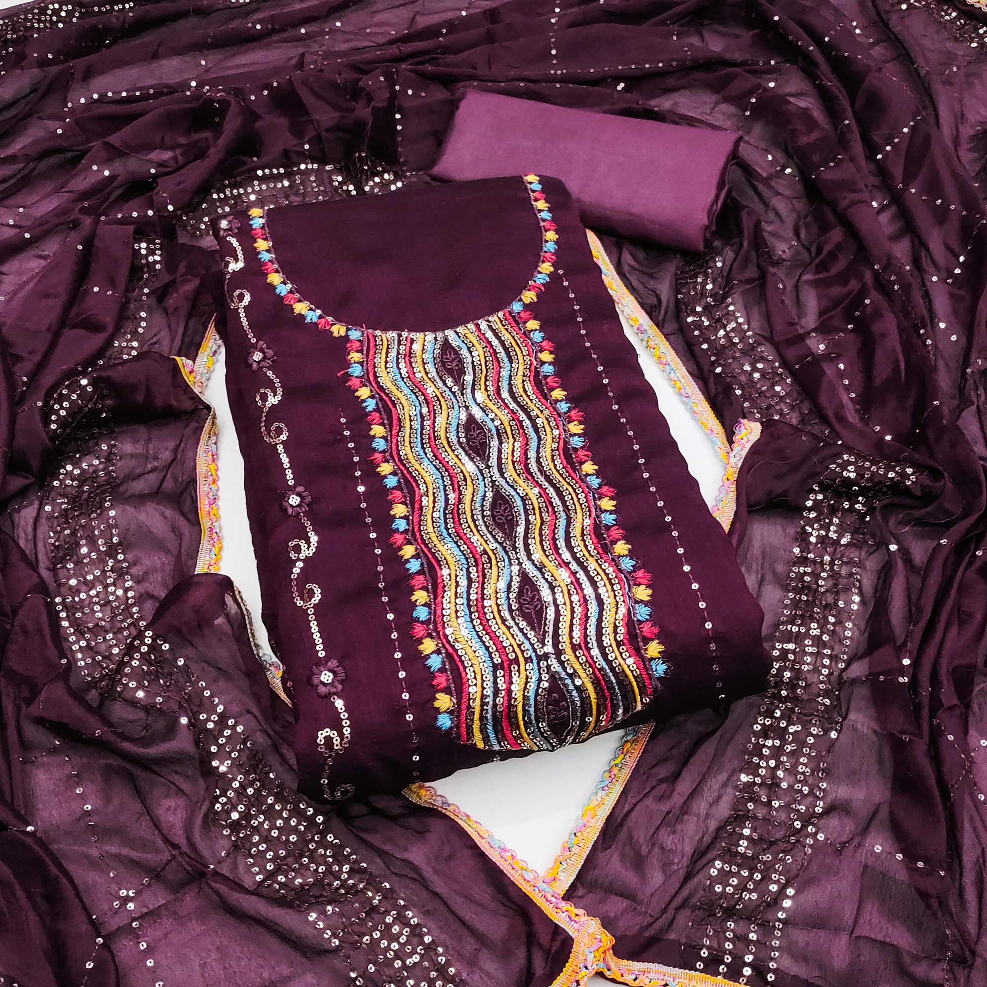 Festive Wine Dress Material in Vichitra Silk with Sequin Highlights