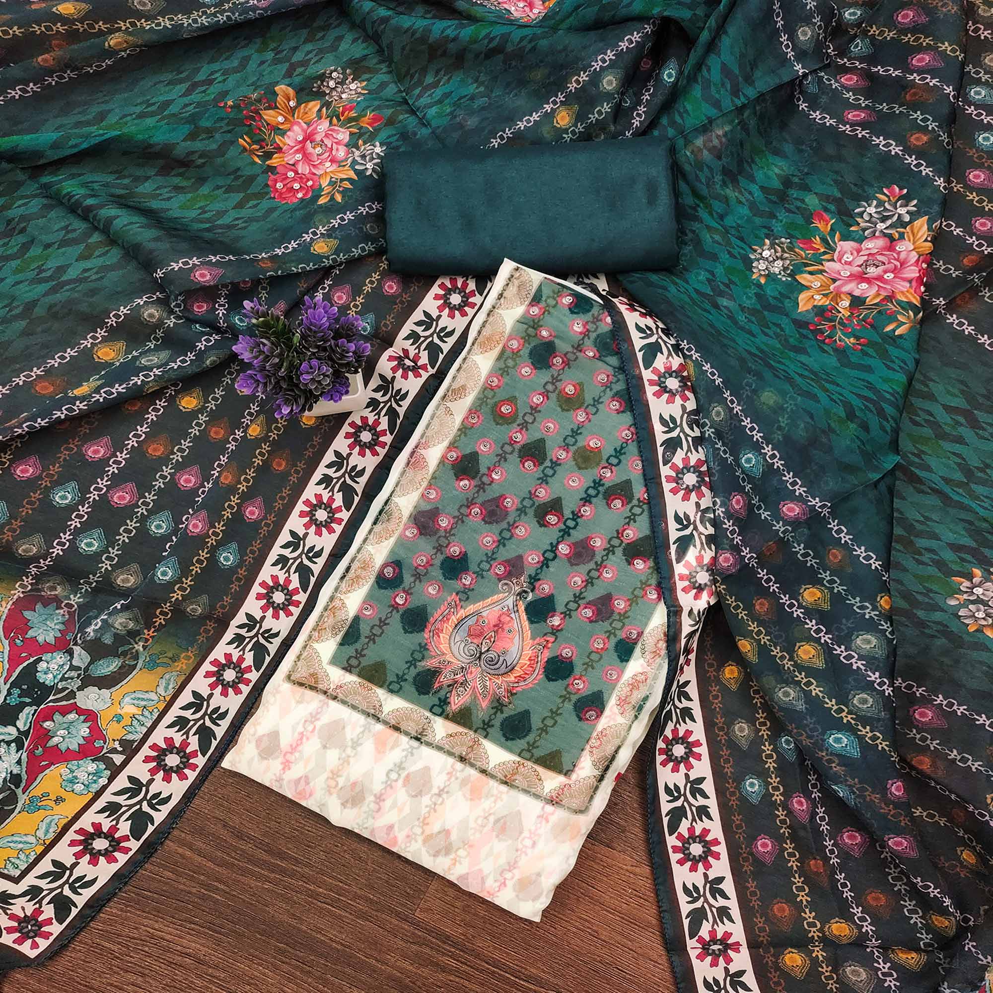 Off-White & Green Organza Dress Material with Elegant Floral Prints