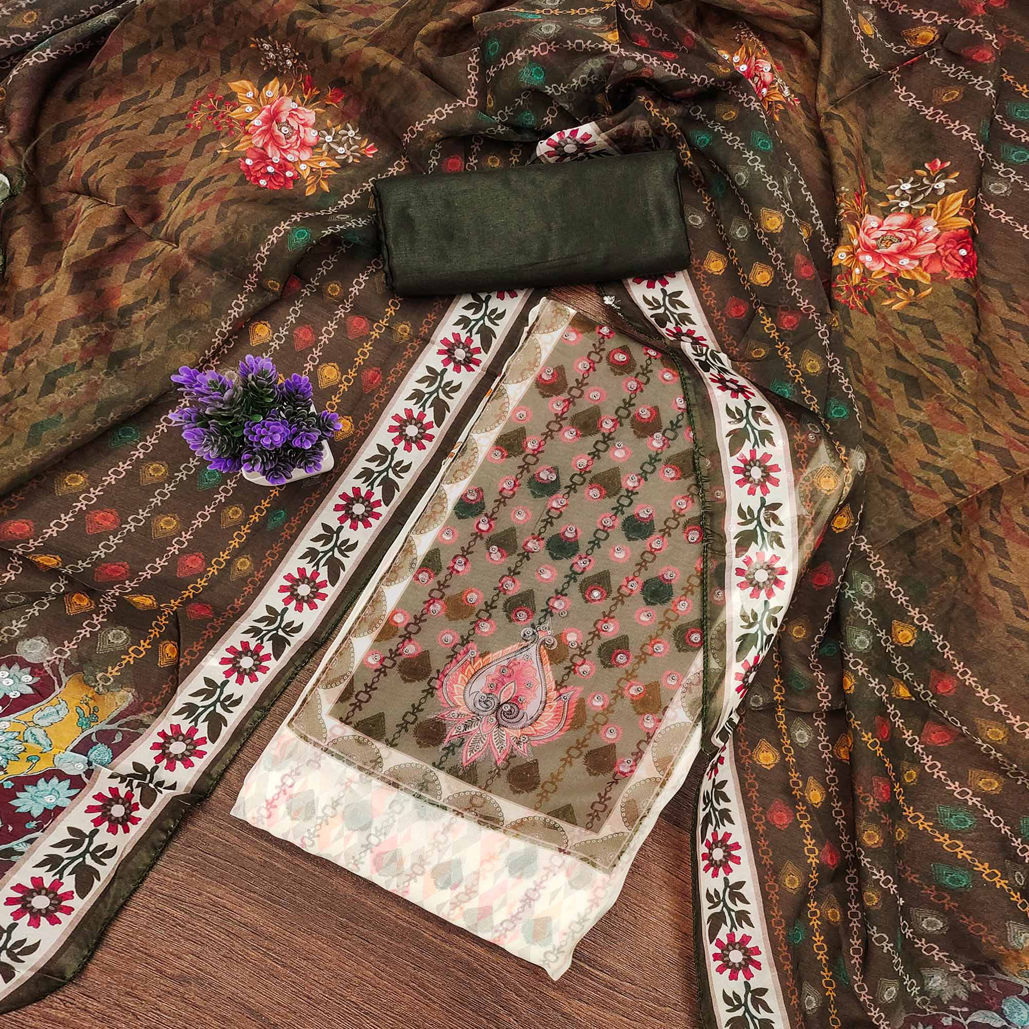 Off-White & Olive Organza Dress Material with Elegant Floral Prints