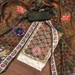 Off-White & Olive Organza Dress Material with Elegant Floral Prints