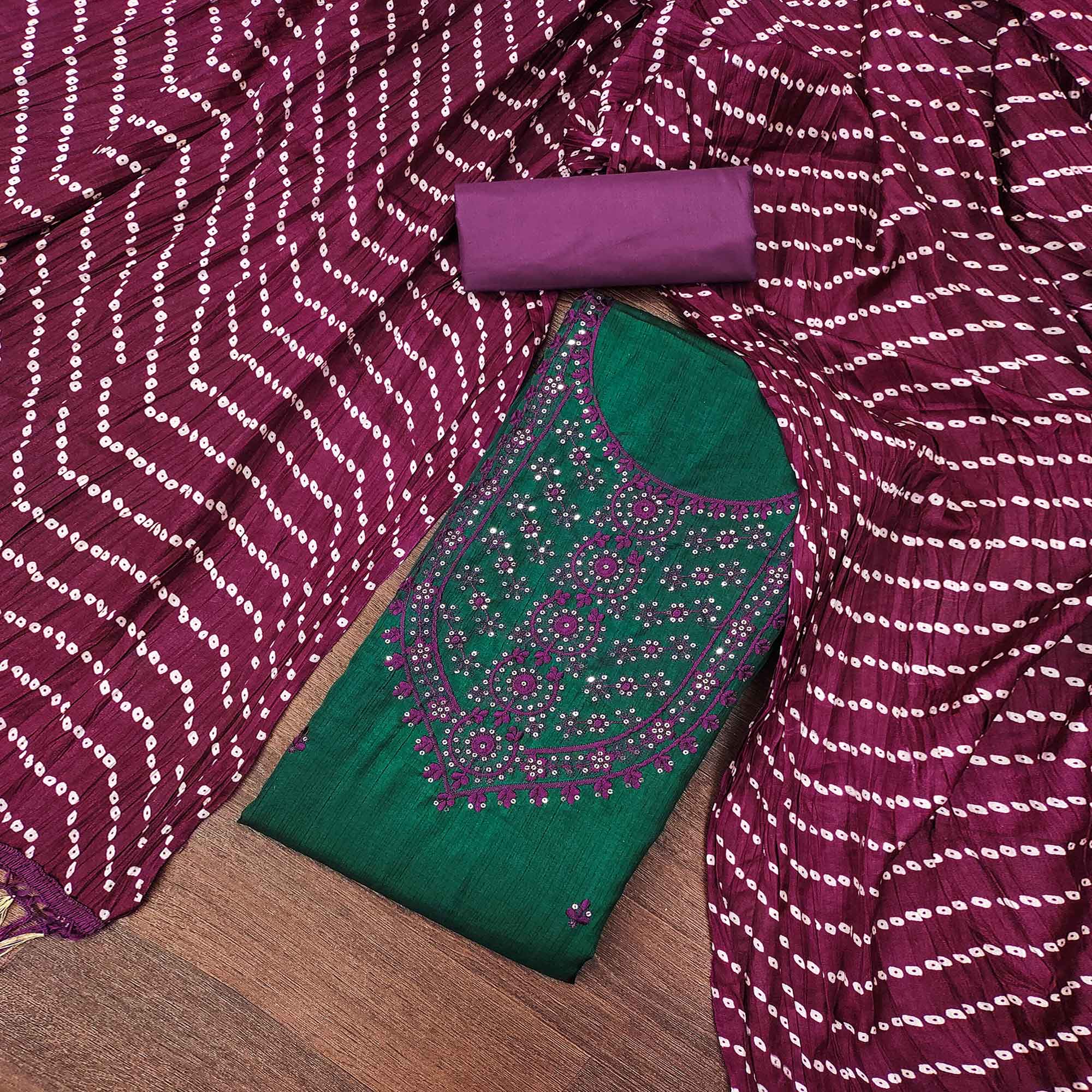 Unstitched Green Cotton Dress Material Enhanced with Thread Embroidery