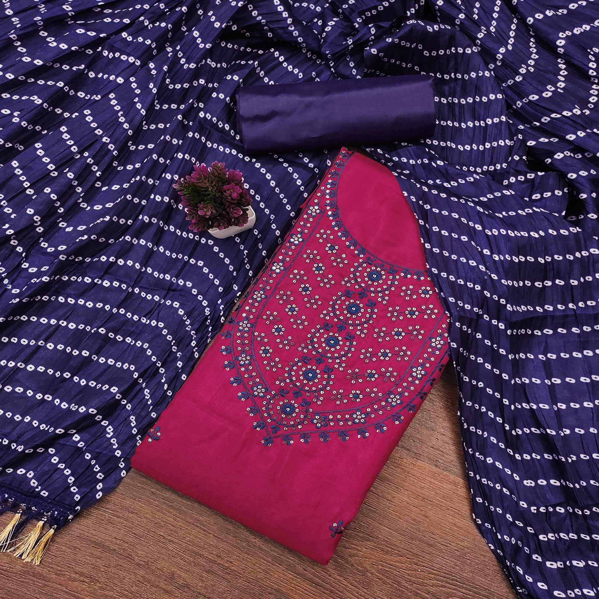 Unstitched Pink Cotton Dress Material Enhanced with Thread Embroidery