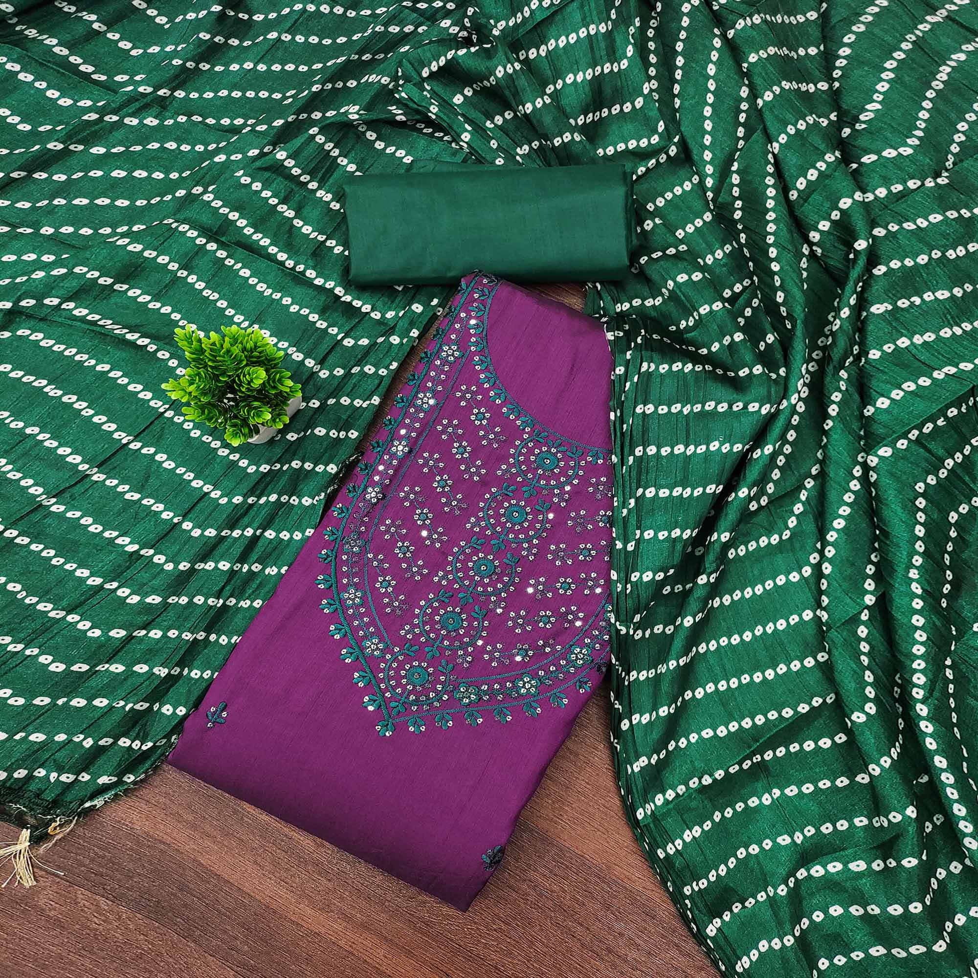 Unstitched Purple Cotton Dress Material Enhanced with Thread Embroidery