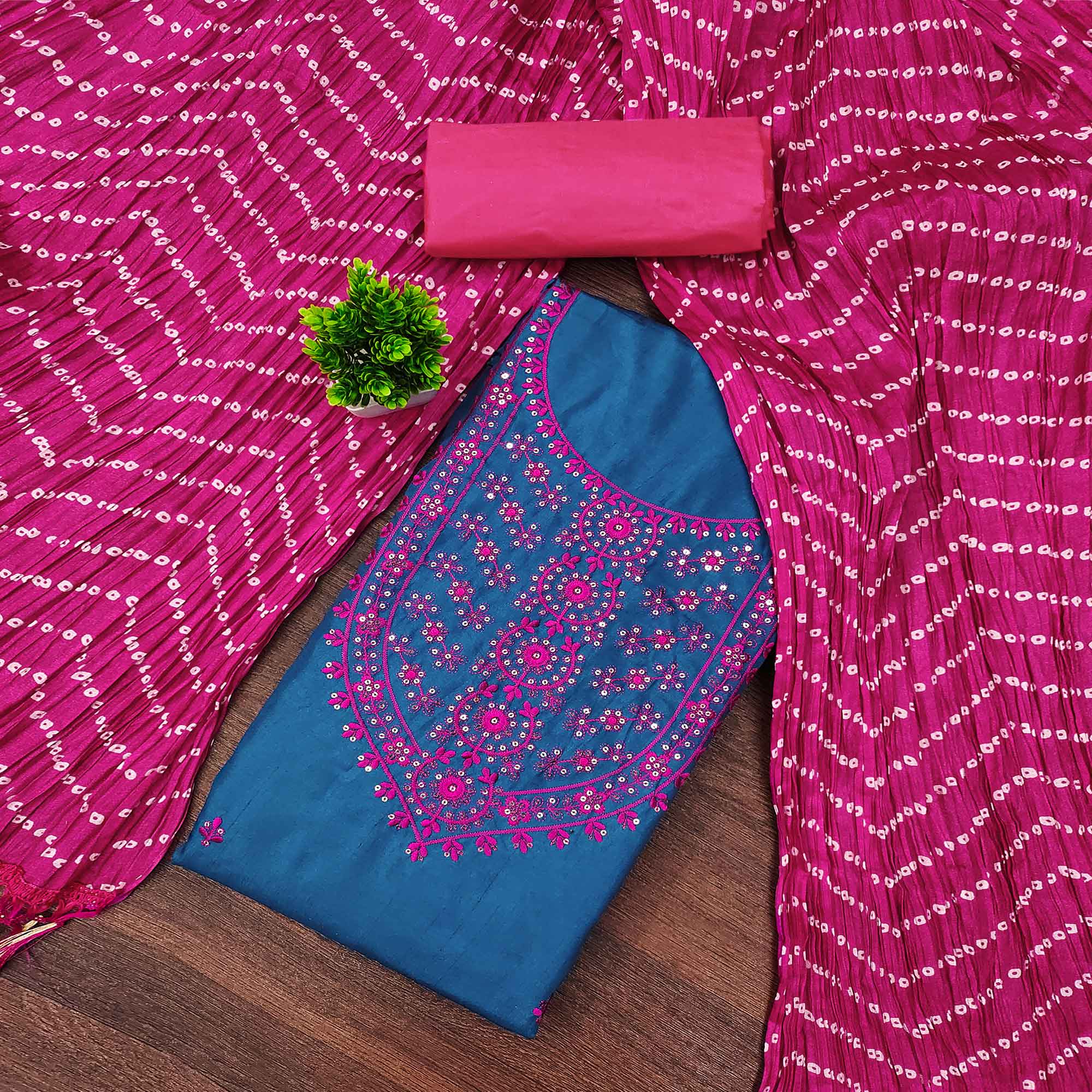 Unstitched Teal Cotton Dress Material Enhanced with Thread Embroidery